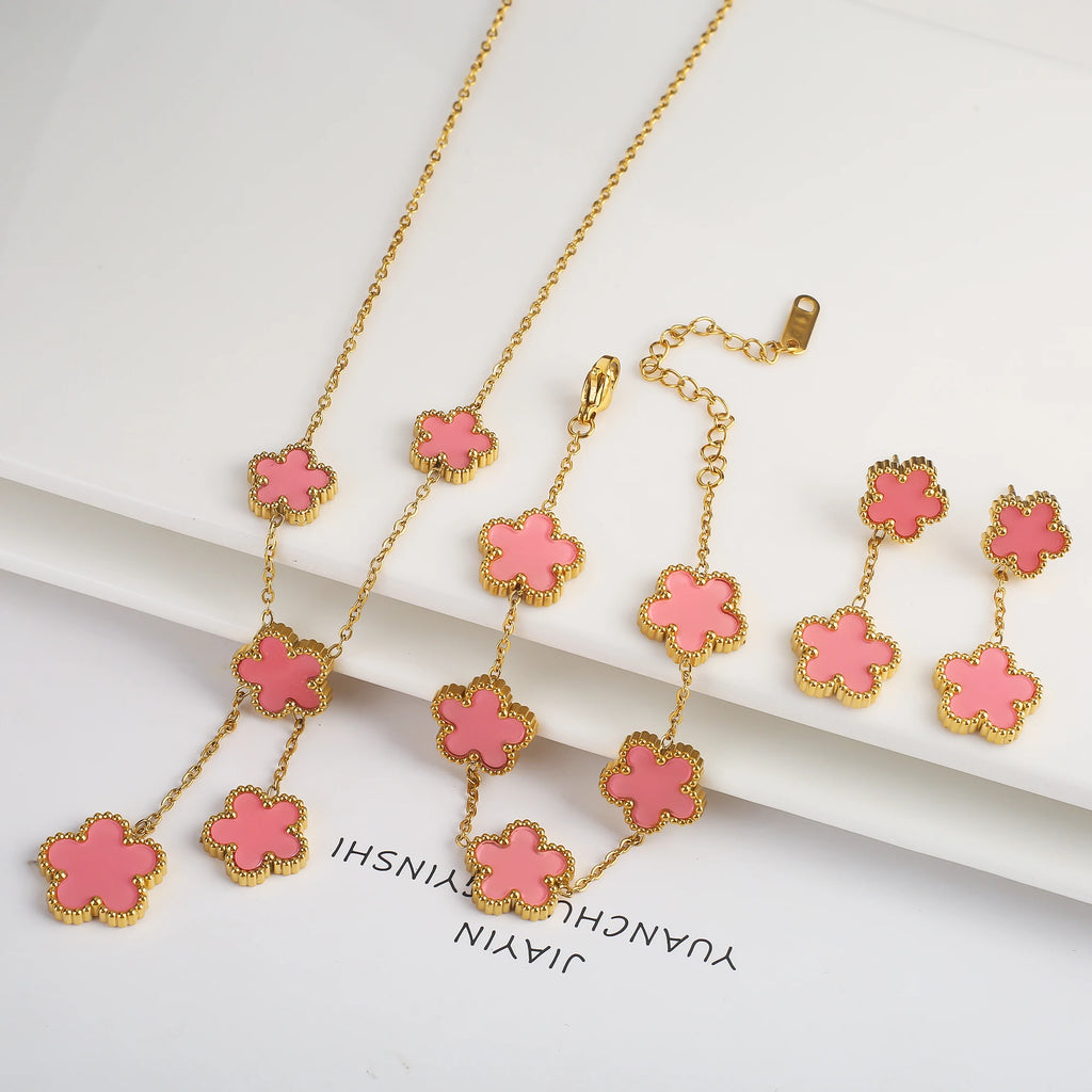Flower Necklace Earrings Bracelet Jewelry Set For Woman
