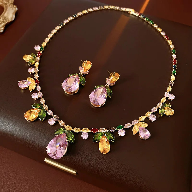Color Zircon Water Drop Leaf Necklace Set for Women