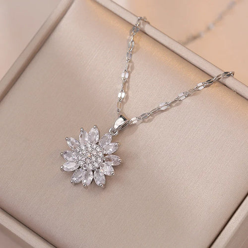 Luxury Shiny Zircon Sunflower Stud Earrings Necklaces for Women