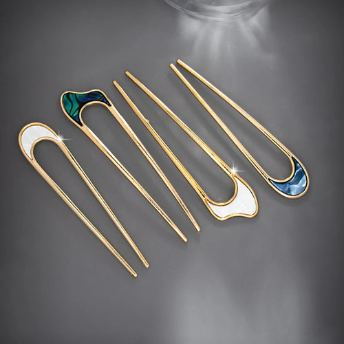 Gold Color Elegant Shell Enamel Hairpin for Women Metal U Shape