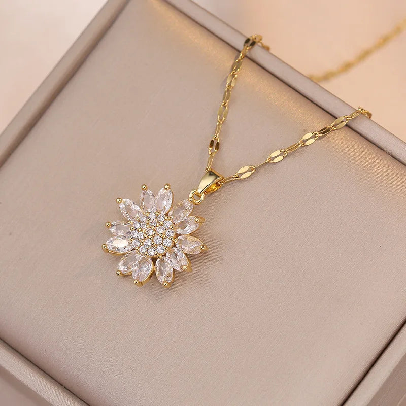 Luxury Shiny Zircon Sunflower Stud Earrings Necklaces for Women