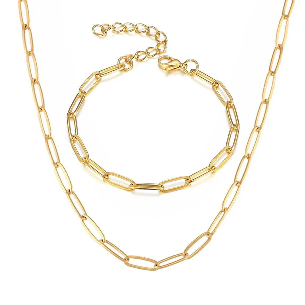 Gold Silver Color Stainless Steel Chain Bracelets Necklace For Women