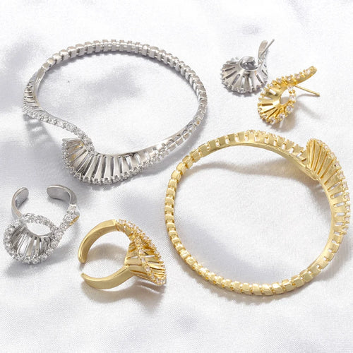 18K Golden Plated Brass Bracelet With Zirconia Earrings And Ring for Ladies