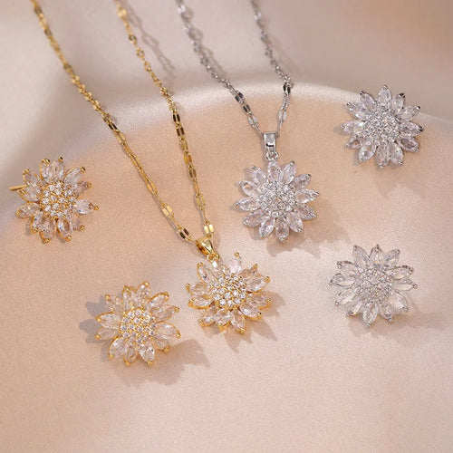 Luxury Shiny Zircon Sunflower Stud Earrings Necklaces for Women