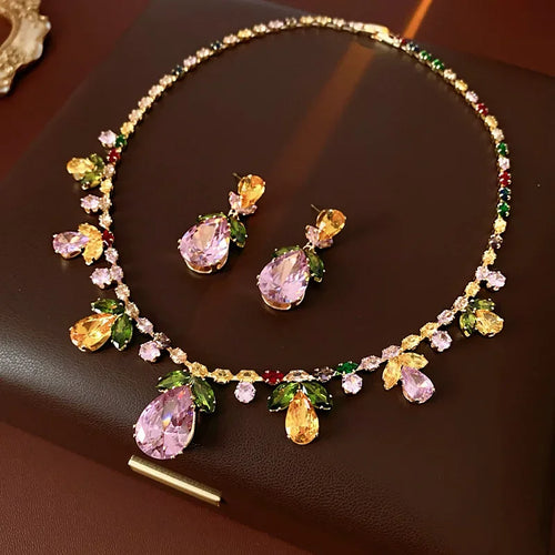 Color Zircon Water Drop Leaf Necklace Set for Women