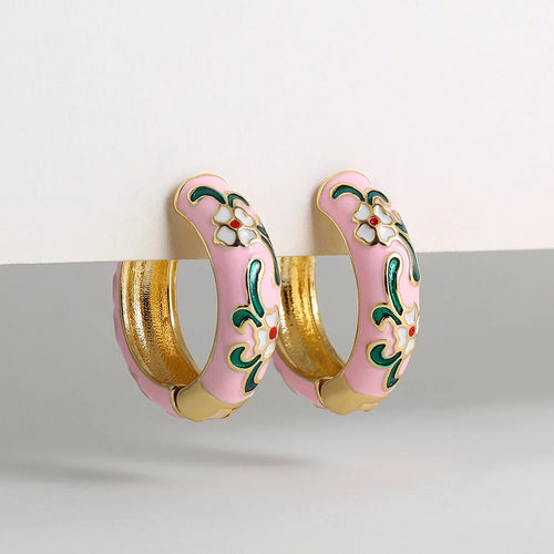 Vintage Colorful Flower Small Hoop Earrings
