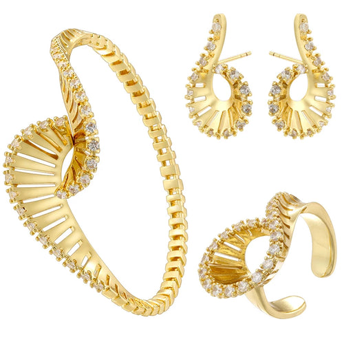 18K Golden Plated Brass Bracelet With Zirconia Earrings And Ring for Ladies