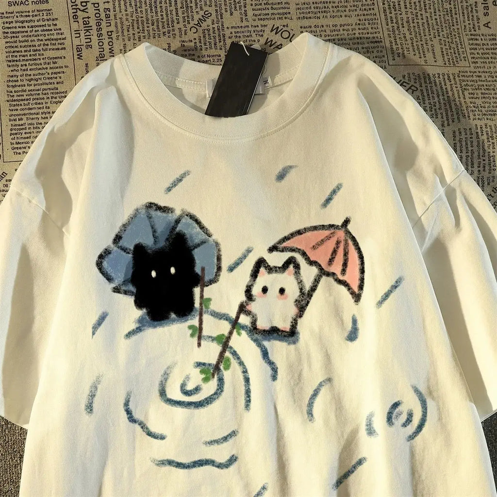 Short-sleeved T-shirt with A Cute Black and White