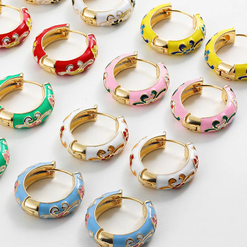 Vintage Colorful Flower Small Hoop Earrings
