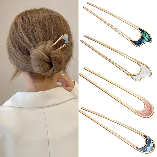 Gold Color Elegant Shell Enamel Hairpin for Women Metal U Shape