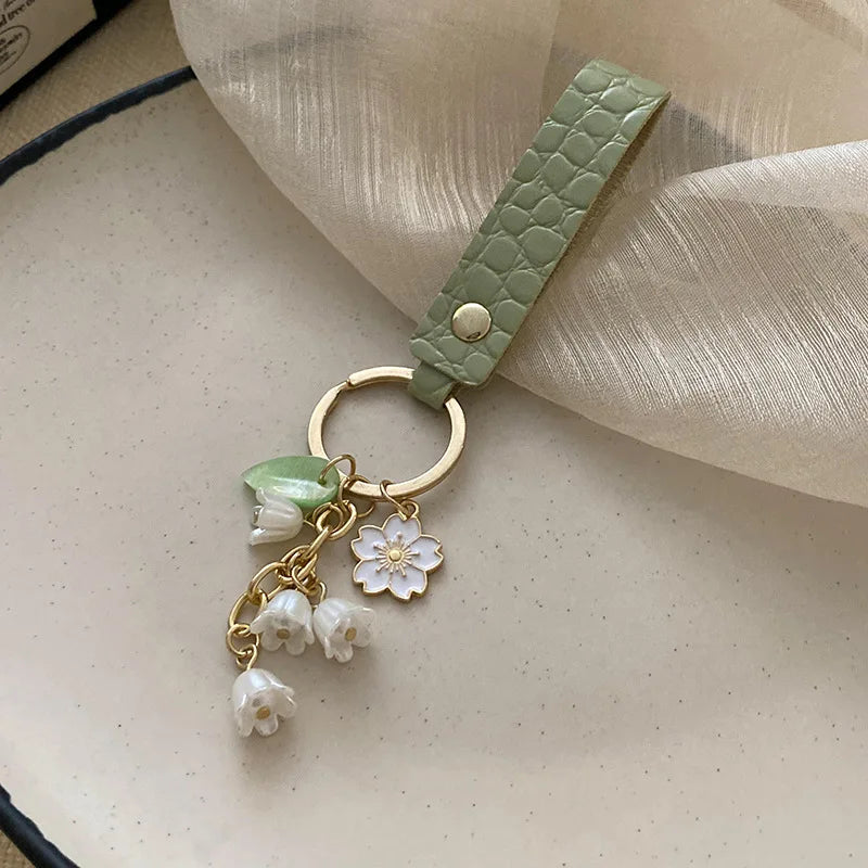 Lily of The Valley Flower Leather Keychain for Women