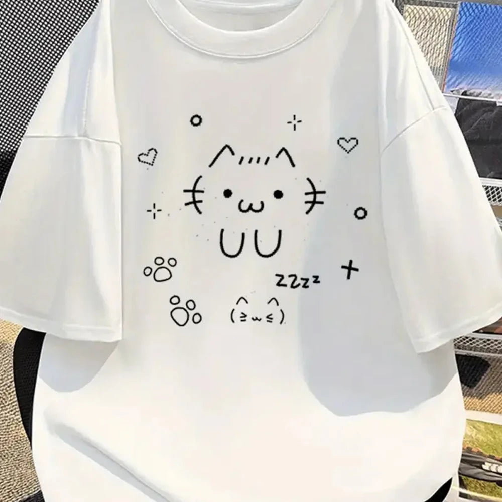 White T-shirt Cute Cat Summer Style