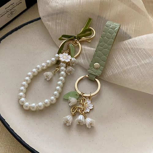 Lily of The Valley Flower Leather Keychain for Women