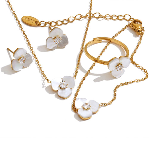 Natural Shell Flower Golden Necklace Earrings Ring Bracelet Set