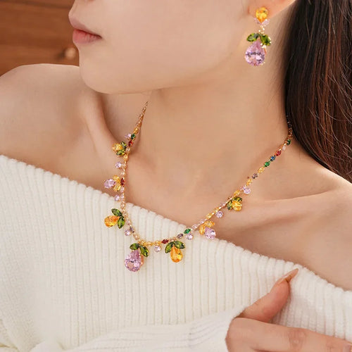 Color Zircon Water Drop Leaf Necklace Set for Women