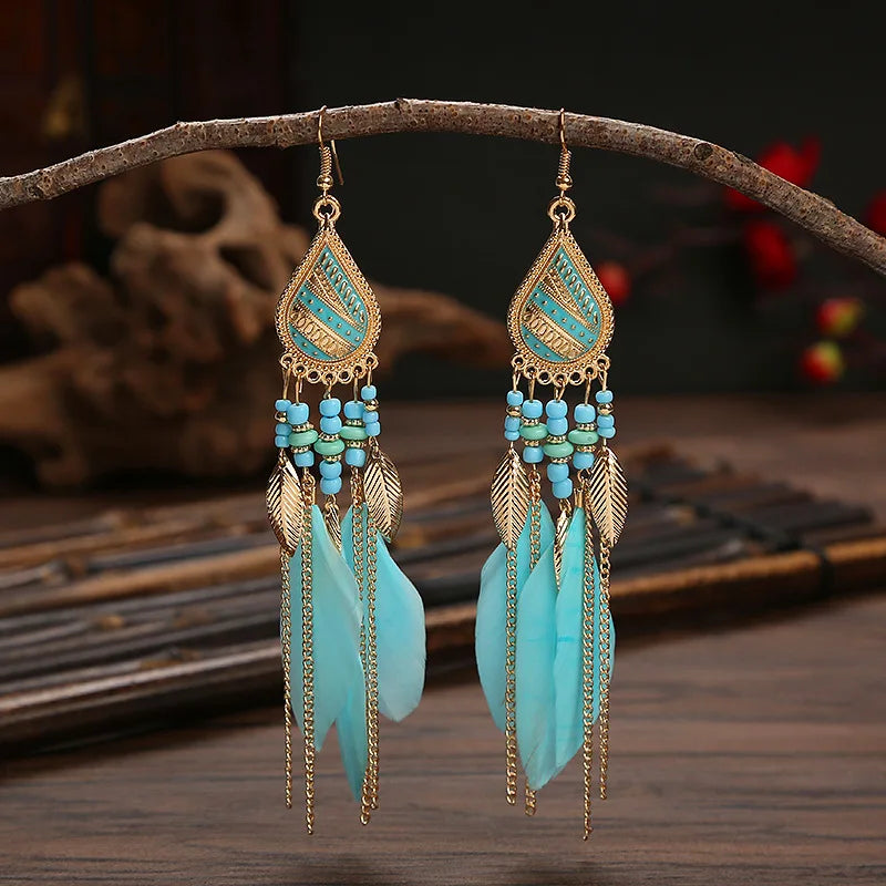 Boho Long Feather Dangle Women's Earrings de Wedding Pendientes Mujer